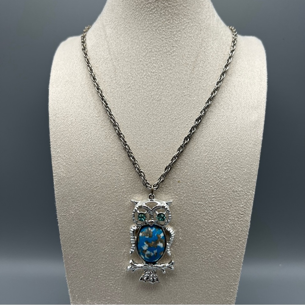 Large Owl Pendant Necklace, Silver Tone